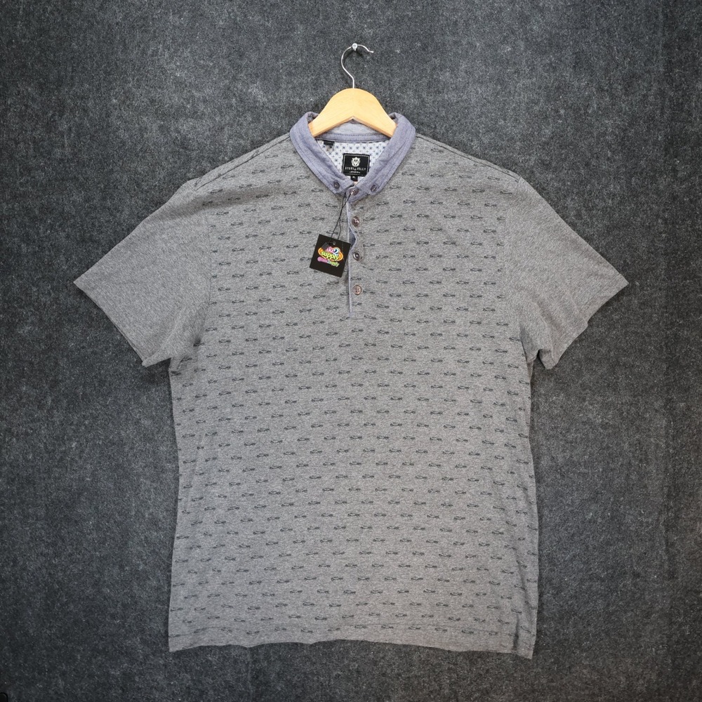 Steel & Jelly Polo Shirt Mens XL Charcoal Excellent Car Print Henley